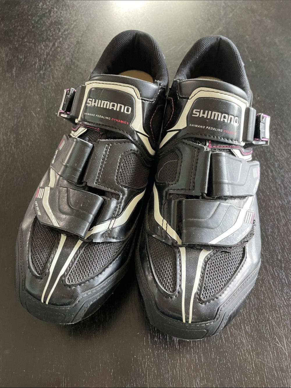 Shimano women’s Black Cycling Shoes with pink & white Accents